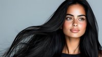 Young Hispanic woman with long flowing black hair and natural makeup looking at camera with confident expression against gray background for beauty and fashion concepts.