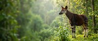Okapi standing in lush green tropical rainforest with dappled sunlight filtering through dense canopy creating natural wildlife habitat scene.