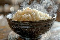 Steaming hot white rice served in traditional Asian ceramic bowl, perfect for food photography, restaurant menus, and culinary blogs. Close-up view with natural steam rising.