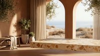 Mediterranean terracotta terrace with arched columns overlooking coastal landscape, warm sunlight creating peaceful atmosphere for luxury interior design.
