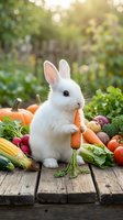Adorable white bunny rabbit holding fresh carrot surrounded by colorful organic vegetables on rustic wooden table in sunny garden for healthy eating concepts.