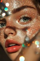 Close-up portrait with glitter makeup, sparkling face decorations, and coral lipstick against blurred bokeh lights. Green eyes and defined brows create magical beauty look.