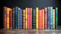 Row of vintage hardcover books with colorful spines standing on wooden shelf against dark background, creating nostalgic library atmosphere.