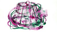 Wireframe globe with watercolor paint splashes in magenta, pink, and green tones, isolated on white background for design projects.