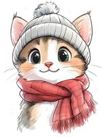 Cute cartoon cat wearing winter knit hat and red scarf, with big expressive eyes and sweet smile. Isolated illustration on white background for greeting cards and prints.