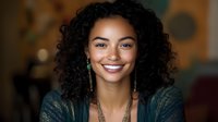 Young African American woman with curly hair smiling warmly at camera in cozy indoor setting with soft lighting for lifestyle and portrait photography.