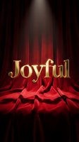 Gold Joyful text on dramatic red velvet fabric with spotlight, luxury theatrical backdrop for holiday greetings and festive designs.