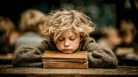 Young blonde boy resting head on old book in classroom, tired student sleeping on desk during lesson, education fatigue concept for academic stress materials.