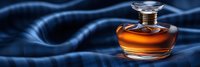 Elegant glass perfume bottle with amber liquid against dark blue silk waves background, luxury fragrance concept for cosmetic and beauty advertising.