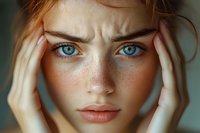 Young woman with blue eyes experiencing headache stress holding head in hands showing pain and mental health struggles.