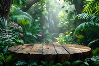 Rustic wooden platform surrounded by lush tropical foliage and palm leaves in misty jungle atmosphere, natural product display background for photography.