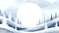 Watercolor winter landscape with snow-covered hills and evergreen trees under large white sun, soft blue tones for seasonal designs and backgrounds.
