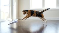 Playful tabby cat stretching and leaping across hardwood floor in bright modern home interior with windows and natural light.