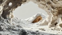 Dramatic view through natural limestone cave opening with sunlight streaming in, creating ethereal atmosphere and textured rock formations in sepia tones.