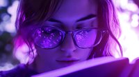 Young woman in glasses illuminated by purple neon light looking at digital tablet screen with reflection of social media icons in her eyewear at night.