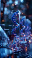 Glowing blue DNA helix structure in glass test tube with magical sparkles and bokeh effects, perfect for scientific research, biotechnology, and medical innovation concepts.