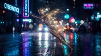 Digital light particles burst from tilted smartphone on wet neon street at night, representing data flow, connectivity, and technology innovation for digital transformation concepts.