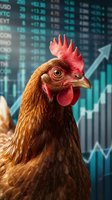 Brown rooster with red comb against stock market data and upward trending graph, symbolizing financial growth, market success, and bullish investment strategy.