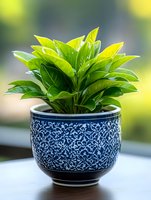 Vibrant green houseplant with glossy leaves growing in decorative blue and white ceramic pot with oriental pattern against soft bokeh background.