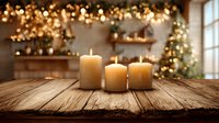 Burning candles on rustic wooden table with festive Christmas decorations and bokeh lights in cozy home interior background.