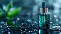 Luminous turquoise serum dropper bottle with sparkling particles on water surface against blurred bokeh background, green leaves for natural cosmetics and skincare concept.