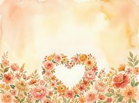 Watercolor floral background with heart shape formed by pink and peach roses, warm golden tones, copy space for wedding or Valentine design.