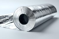 Roll of aluminum foil with open end showing metallic surface texture, used for food storage, cooking, and kitchen preparation purposes.