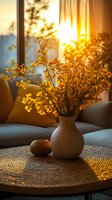Yellow wildflowers in ceramic vase on woven placemat at sunset, warm golden light streaming through window, cozy home interior with gray sofa and orange pillows.