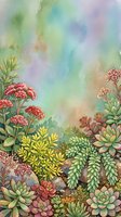 Watercolor succulent garden with colorful blooming plants, green foliage, and soft pastel background, great for cards, prints, and decor.