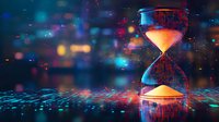 Glowing hourglass with flowing sand against dark background with blue and orange bokeh lights creating magical atmosphere for time concept designs.