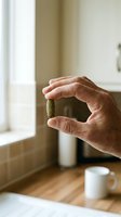 Senior male hand holding small green supplement capsule in bright kitchen setting with natural window light and wooden surface.