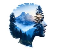 Female profile silhouette with double exposure effect showing majestic mountain landscape, evergreen forest and misty valley at sunrise. Creative nature concept.