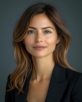Young professional woman with wavy brown hair wearing black blazer against dark background, natural makeup and confident smile for business portraits and corporate headshots.