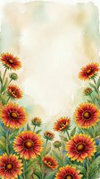 Watercolor gaillardia blanket flowers border frame with copy space, red yellow blooms on soft beige background for cards and prints.