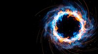 Cosmic black hole with swirling energy rings in blue and orange colors against dark space background for science fiction and astronomy projects.