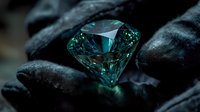 Sparkling emerald diamond held in black gloved hand, showcasing luxury gemstone with brilliant facets and rich green color. Perfect for jewelry advertising.