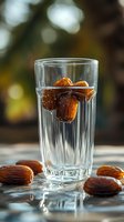 Fresh dates soaking in clear water glass with natural bokeh background and scattered dates on reflective surface, moody food photography composition.