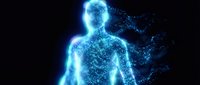 Digital human silhouette dissolving into glowing blue particles on black background. Futuristic technology concept for AI, virtual reality and data visualization.