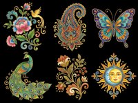 Six ornate folk art elements isolated on transparent background: floral motif, paisley, butterfly, peacock, botanical swirl, and sun face, ready for sublimation, stickers, and t-shirt design.