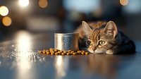 Curious tabby kitten lying on floor beside food bowl and scattered dry cat food pellets with soft bokeh background and warm evening light.