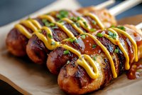 Grilled takoyaki balls topped with savory sauce, drizzled with creamy mayonnaise and garnished with fresh green onions on brown paper, close-up view of Japanese street food.
