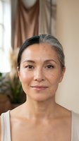 Mature Asian woman with gray hair and natural aging skin in bright home interior for skincare and wellness concepts.