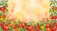 Ripe tomatoes with green foliage border a soft watercolor background, suitable for culinary, gardening, and food packaging design projects.