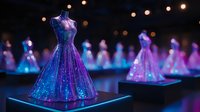 Glowing dress mannequins illuminated in purple and blue neon lights create magical atmosphere with bokeh effect. Multiple display forms showcase elegant evening gowns on light platforms.