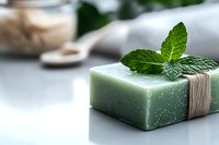 Natural mint soap bar with fresh leaves on white surface for spa wellness skincare routine and organic beauty products.