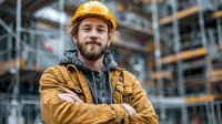 Confident bearded construction worker in yellow hard hat and jacket standing with crossed arms in industrial warehouse facility.