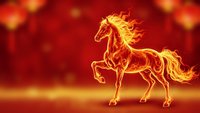 Fiery horse made of flames galloping on red background with glowing mane and tail for fantasy designs and magical artwork concepts.