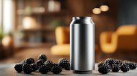 Blank aluminum beverage can with fresh blackberries on wooden surface against blurred cozy interior with yellow armchair.