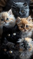 Adorable fluffy kittens with bright expressive eyes in black, gray and cream colors looking at camera. Close up portrait of Persian and mixed breed cats.