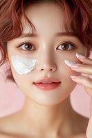 Young Asian woman applying facial moisturizer cream under eyes on pink background. Close up beauty portrait showing skincare routine and cosmetic product application.